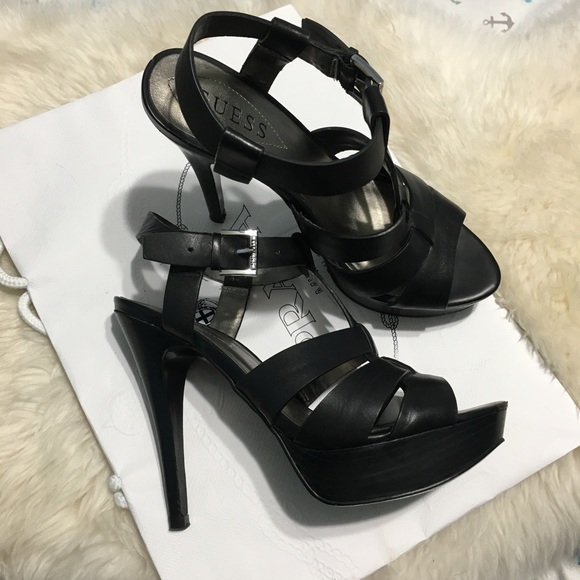 Guess Shoes - Black Strappy Wood Platform Guess Heels Sandals